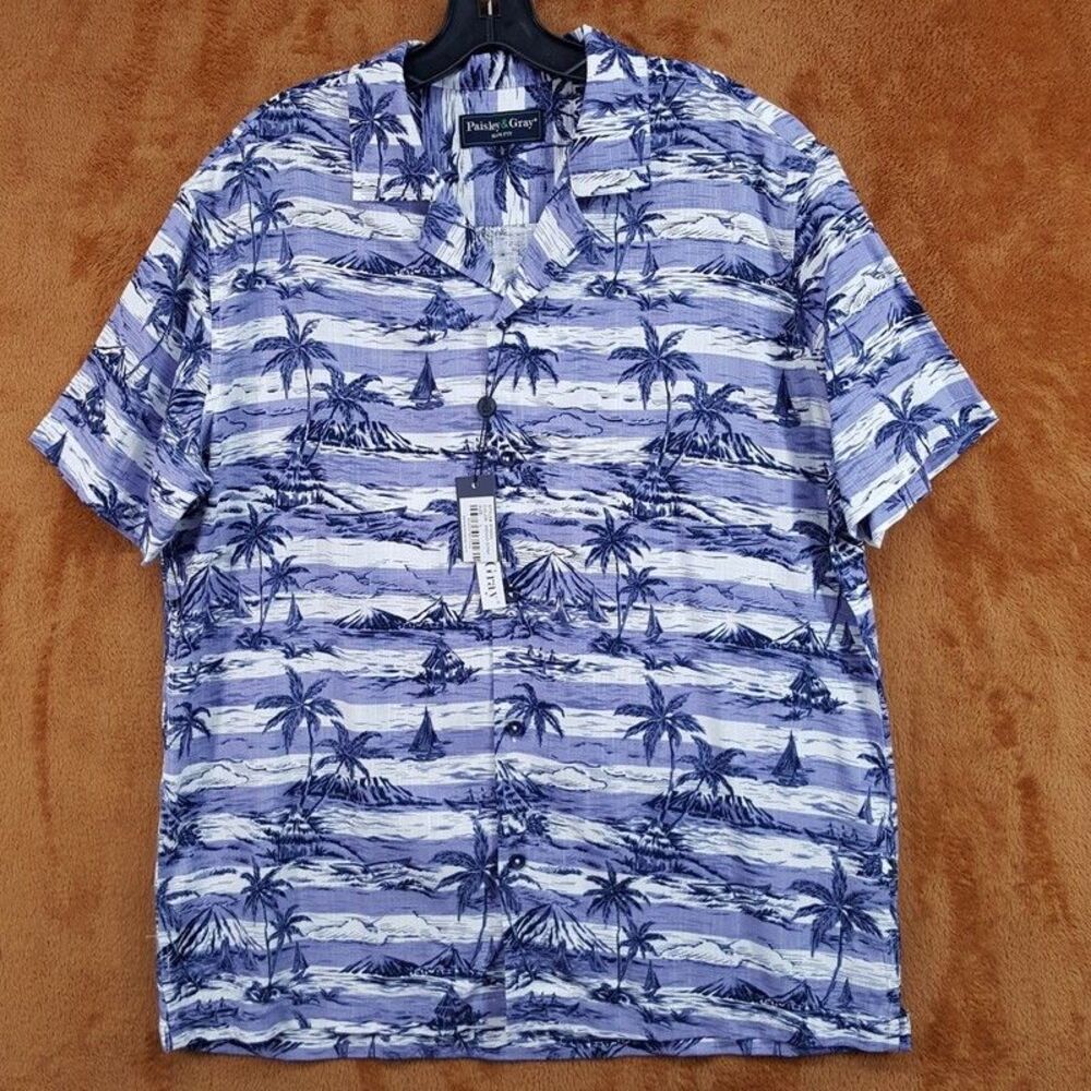 PAISLEY & GRAY Button Shirt Mens XL Indigo White Stripe Slim Tropical Palm